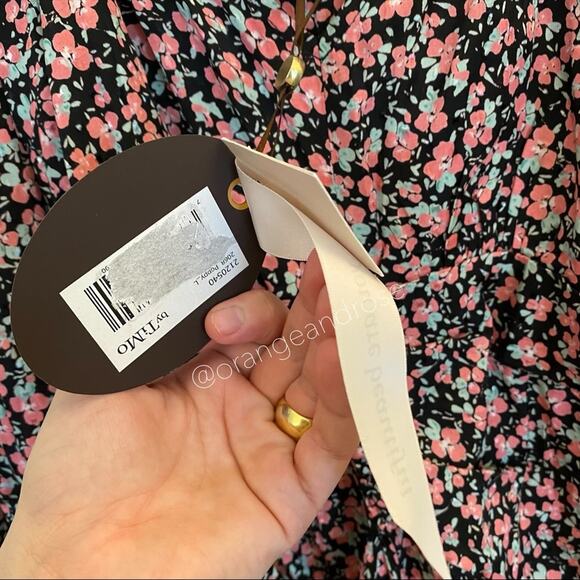 NWT byTiMo Black Pink Viscose Floral Puff Long Sleeve Mini Dress Ditsy Large L - Picture 10 of 14